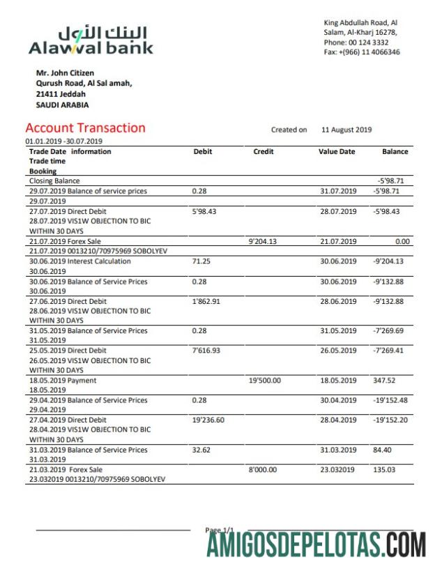Modelo de extrato bancário Alawwal da Arábia Saudita